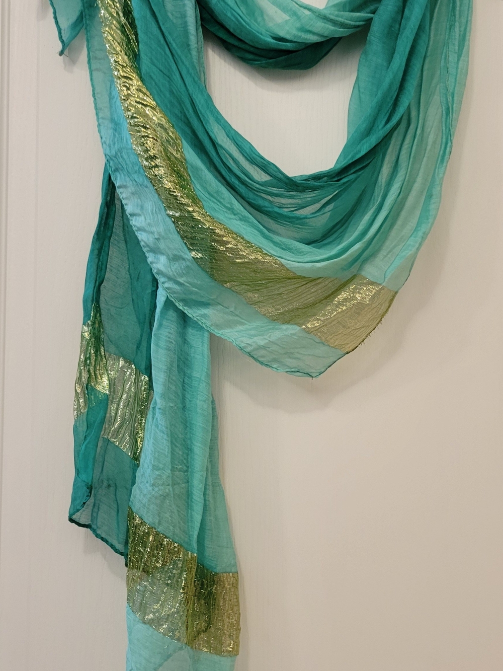 Scarf Shawl Wrap Silk Feel, Teal Ombre Gold Metallic 62x22